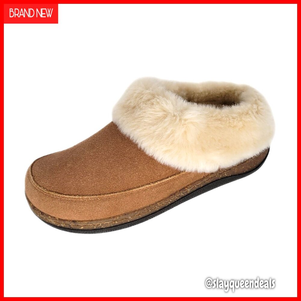 Suede Leather Slippers With Faux Fur Lining, Cork Midsole, Size 8